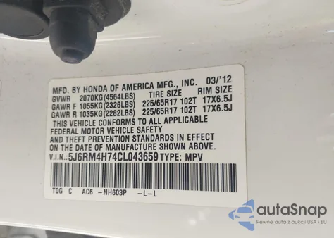 2012 Honda Cr-V Ex-L from USA, damaged, VIN 5J6RM4H74CL043659